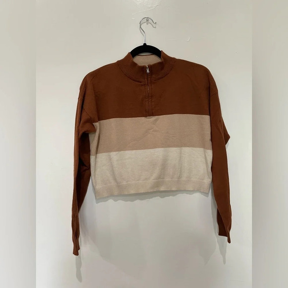 Colorblock Cropped Brown Lightweight Sweater Size Small - Picture 1 of 6